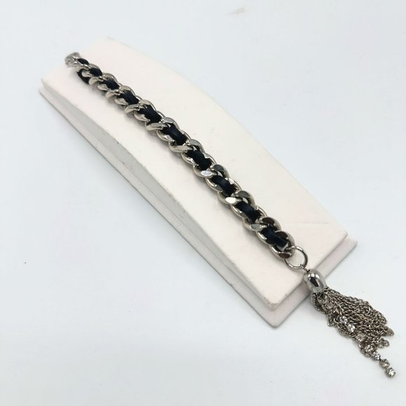 Black and Silver Chain Tasseled Rhinestone Link Bracelet - Picture 3 of 3